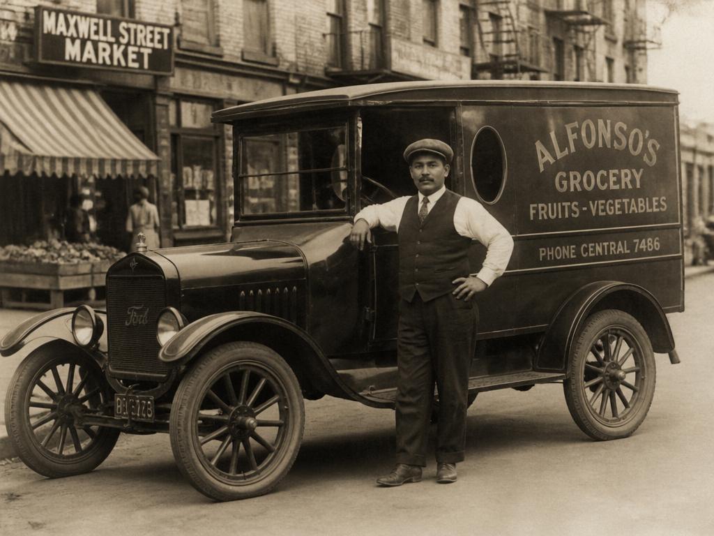 Alfonso's Grocery with his grocery delivery truck, circa 1929